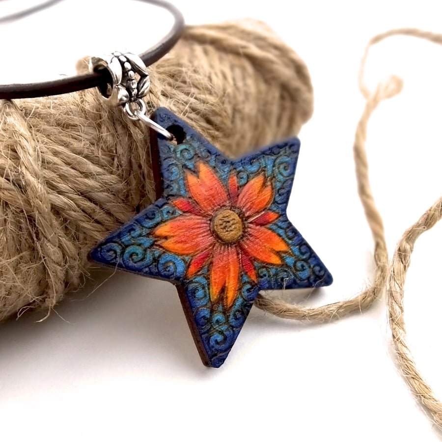 Spicy Orange Star Flower Hand Burned and Coloured Pyrography Pendant