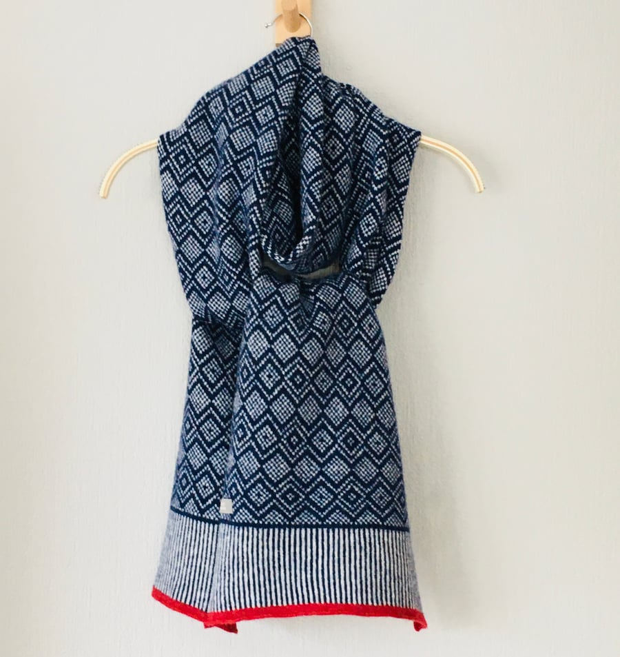 Scarf soft merino lambswool Scandi scarf in indigo blue and natural white