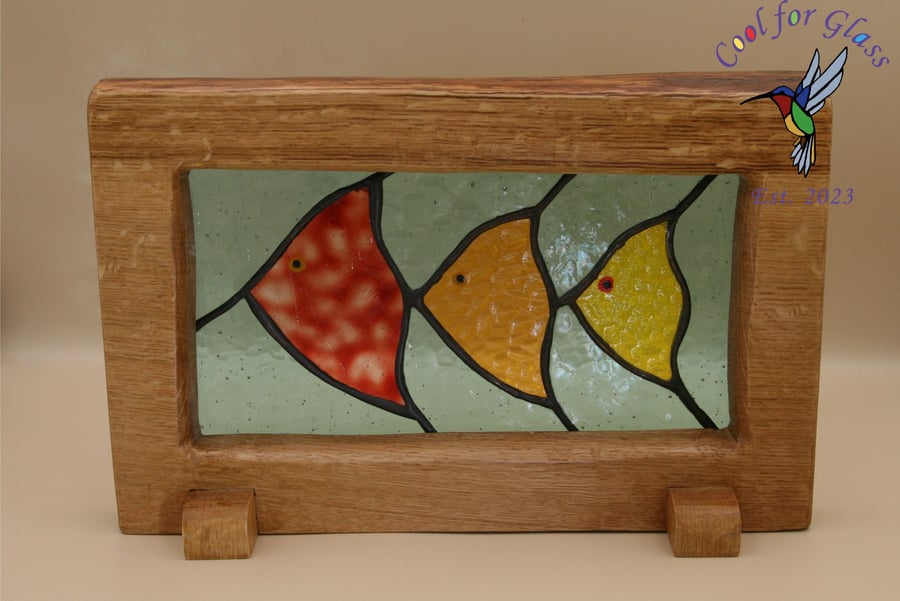 Stained glass 'Tropical Trio' fish framed in solid beech wood