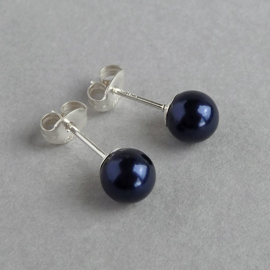 6mm Navy Pearl Stud Earrings - Small, Round, Dark Blue Studs - Jewellery Gifts