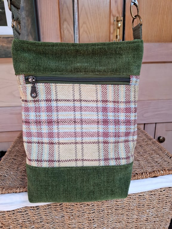Green velvet and tartan bag