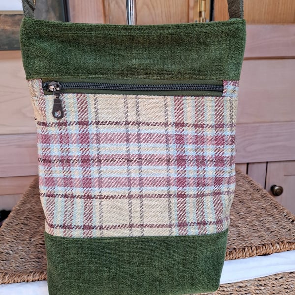 Green velvet and tartan bag