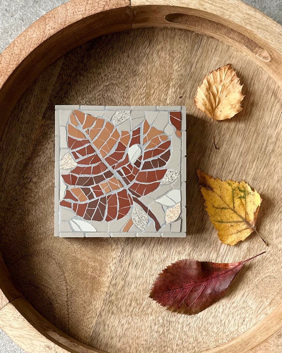 Mosaic Botanical Art - Red Leaf Mosaic Wall Plaque in Grey