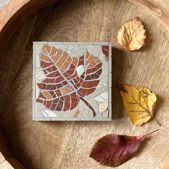 Mosaic Botanical Art - Red Leaf Mosaic Wall Plaque in Grey