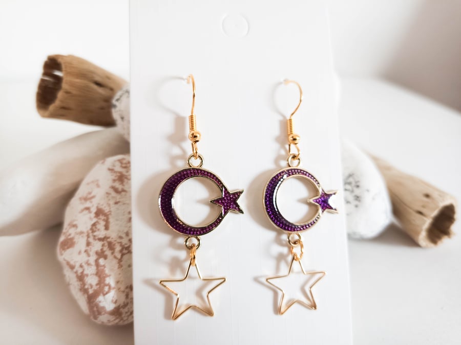 Gold and Purple Moon and Star Dangle Earrings