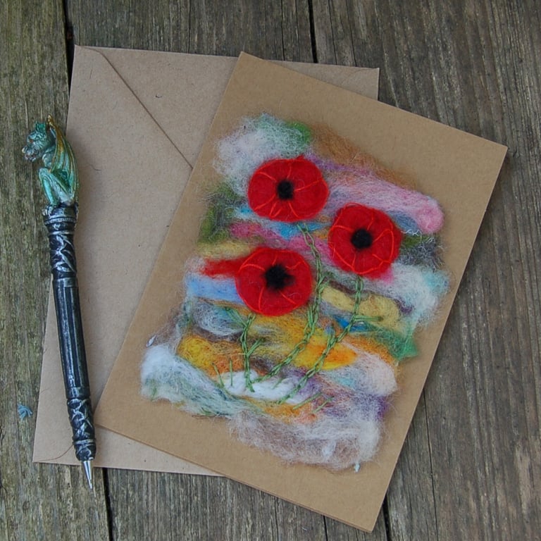 Poppies, Hand Stitched Blank Greetings card,   Needlefelt wool card
