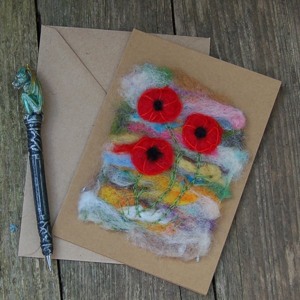 Poppies, Hand Stitched Blank Greetings card,   Needlefelt wool card