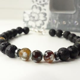 Black Lava with Fire Agate Gemstone Bracelet, Sterling Silver , 8 inch