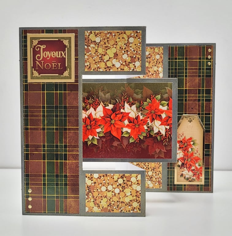 Luxury Trifold Shutter Card - Tartan Poinsettia Joyeux Noel Christmas Card