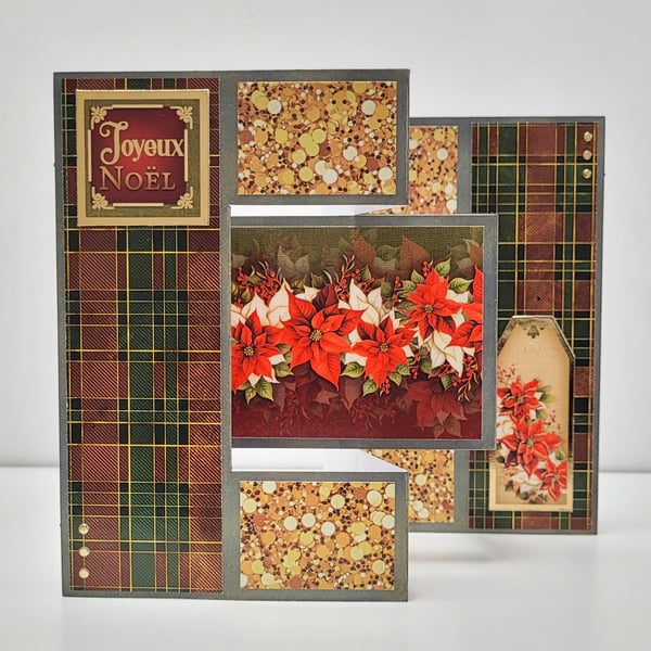 Luxury Trifold Shutter Card - Tartan Poinsettia Joyeux Noel Christmas Card
