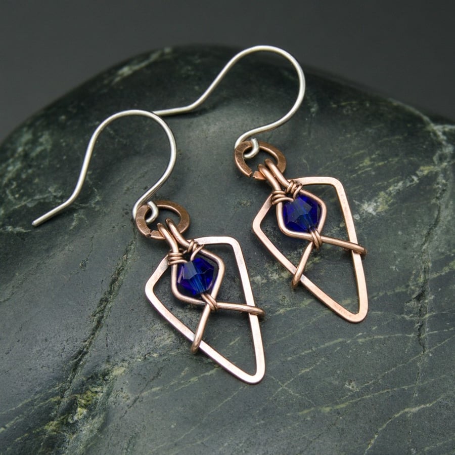 Hammered Copper Arrowhead Earrings with Faceted Blue Glass Beads