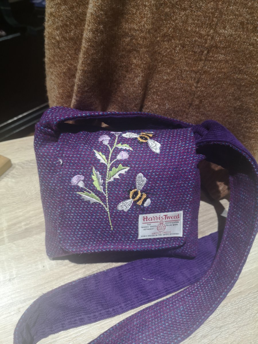 Harris Tweed Cross body bag with Embroidered flower and bees scene 