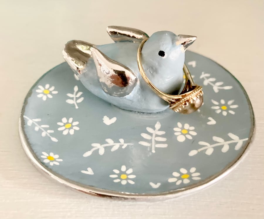 Blue Bird & Daisy Handmade Clay Trinket Dish Ring Dish Gift for Her Hand Painted