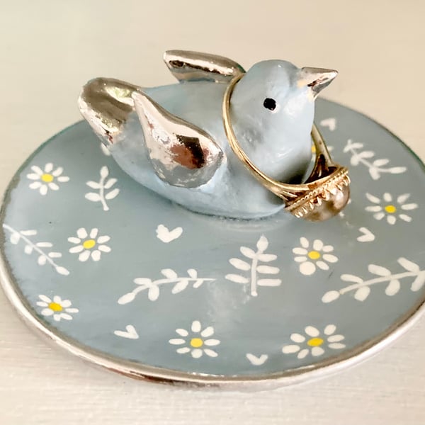 Blue Bird & Daisy Handmade Clay Trinket Dish Ring Dish Gift for Her Hand Painted