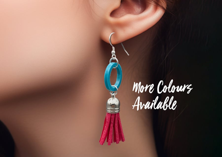 Vibrant Faux Suede Tassel Earrings: Playful Acrylic Ring and Tassel Dangle