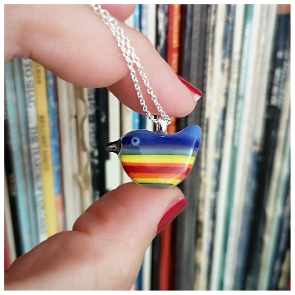 Zorro, the brave and bold 'rainbow wren of hope' glass bird pendant 