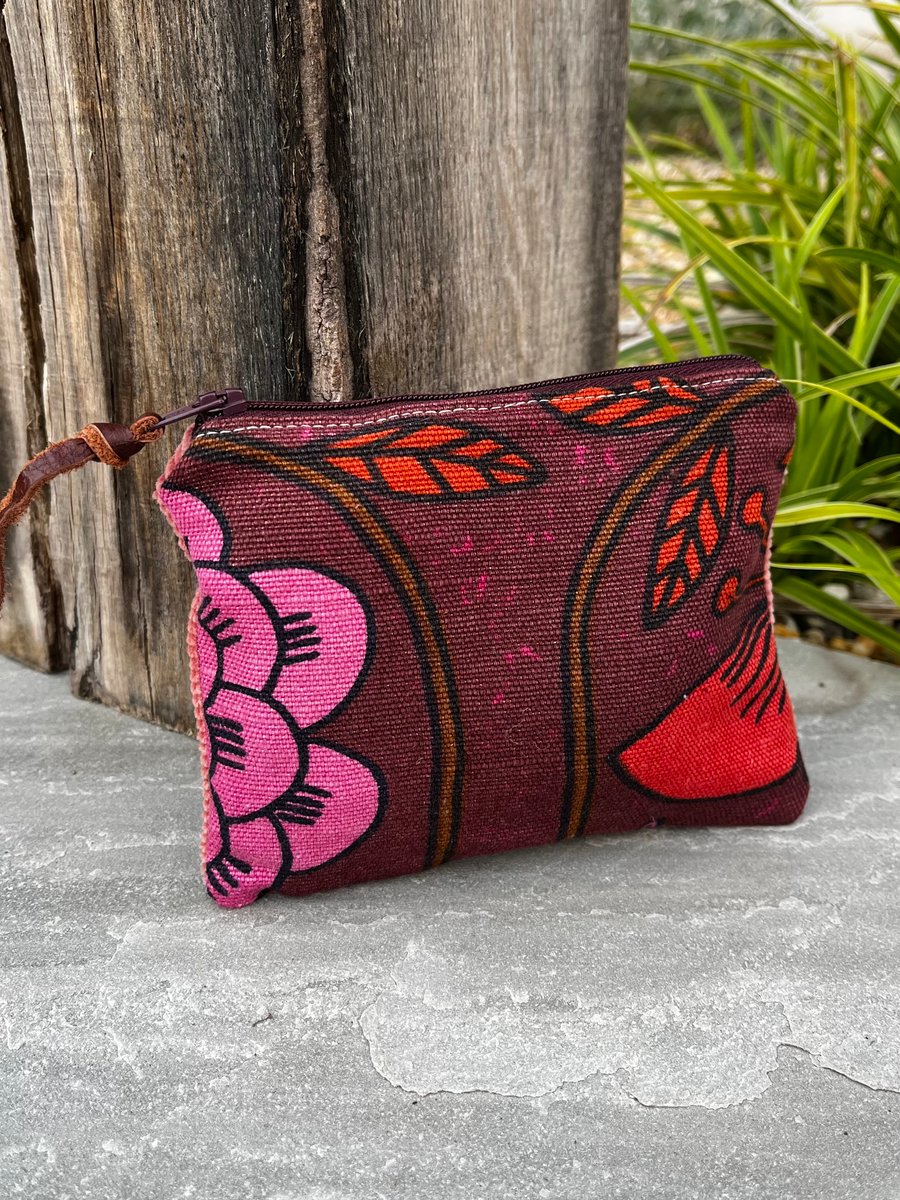 Vintage Prince of Quince linen coin purse zip pouch with pink corduroy