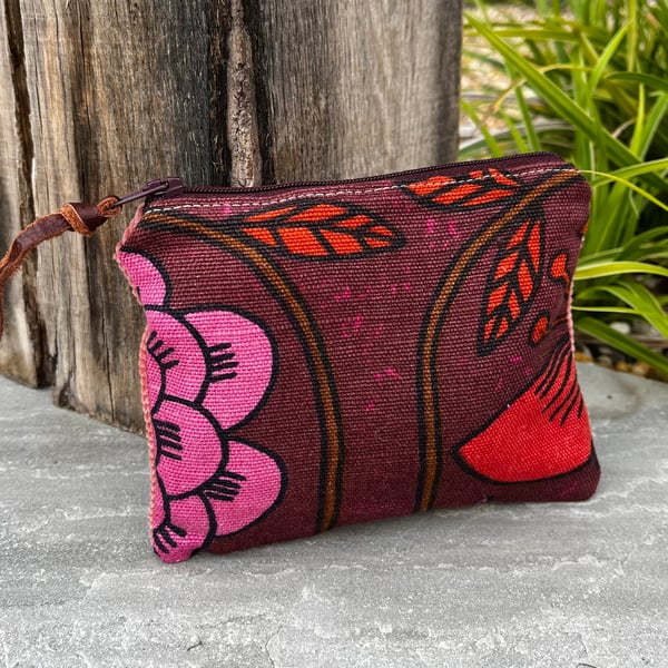 Vintage Prince of Quince linen coin purse zip pouch with pink corduroy