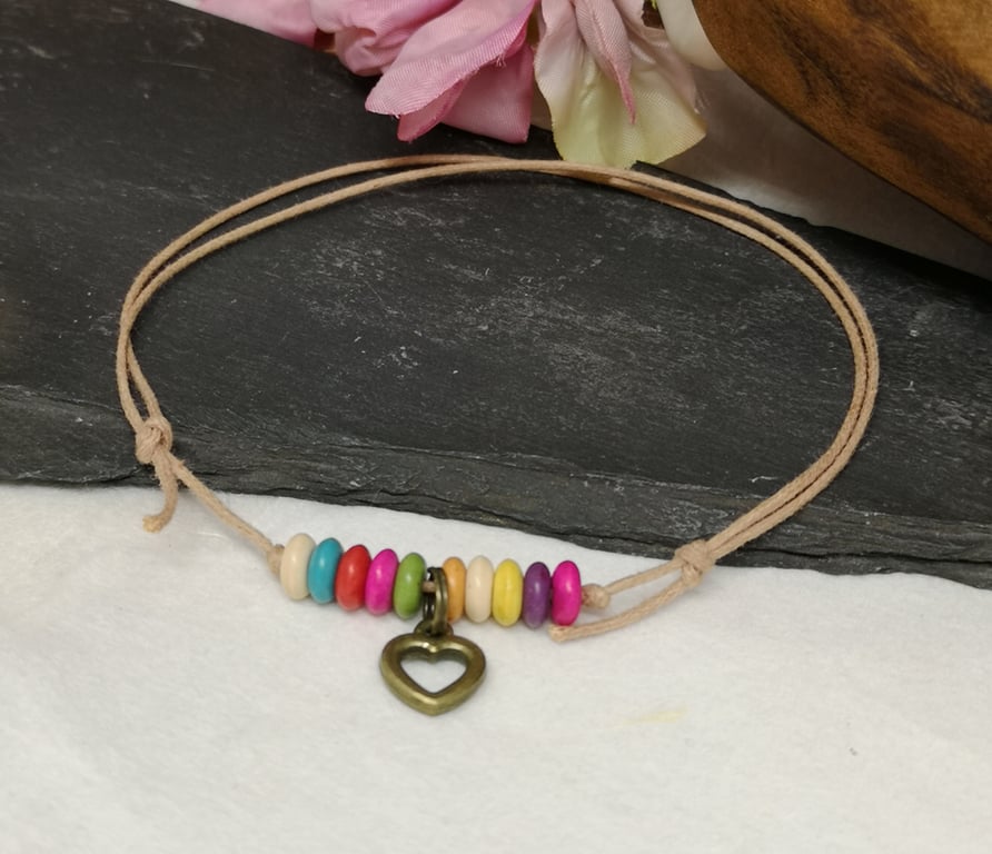 Adjustable cotton cord anklet with multicoloured howlite beads and heart charm