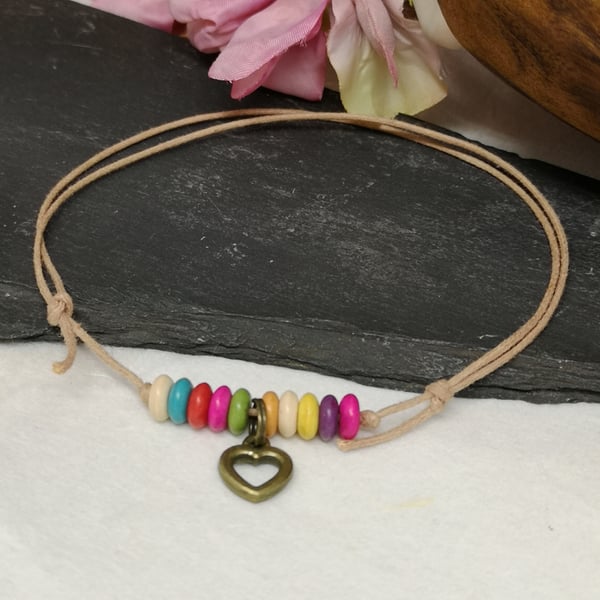 Adjustable cotton cord anklet with multicoloured howlite beads and heart charm