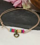 Adjustable cotton cord anklet with multicoloured howlite beads and heart charm - Image 1
