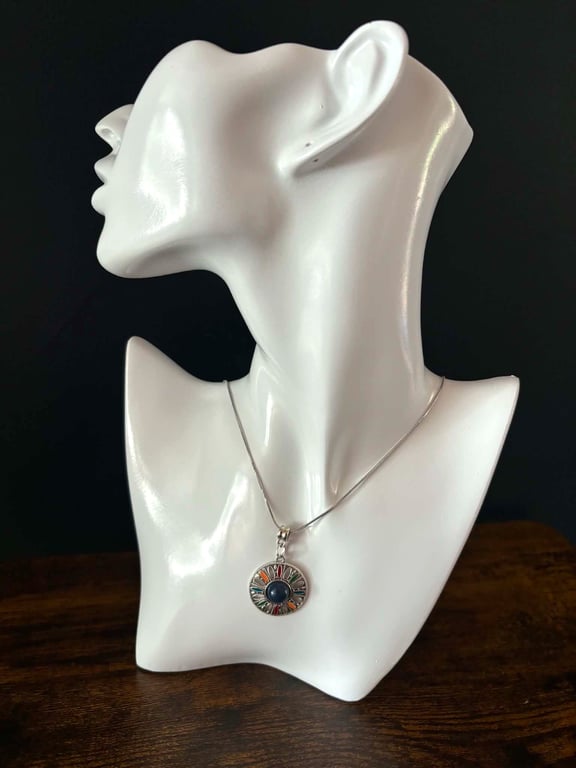 Silver Tone Necklace with Blue Circle Pendant