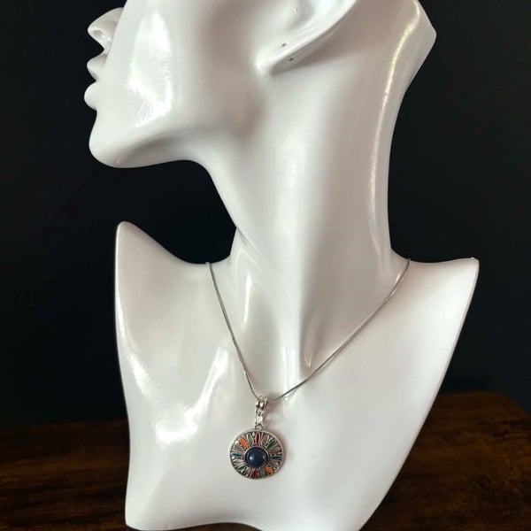 Silver Tone Necklace with Blue Circle Pendant