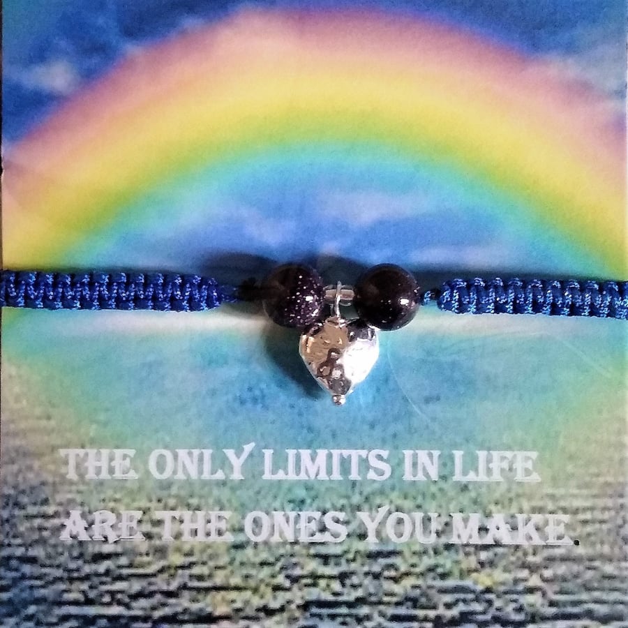 Blue Sparkle Goldstone & Silver Heart Cord Slider Bracelet