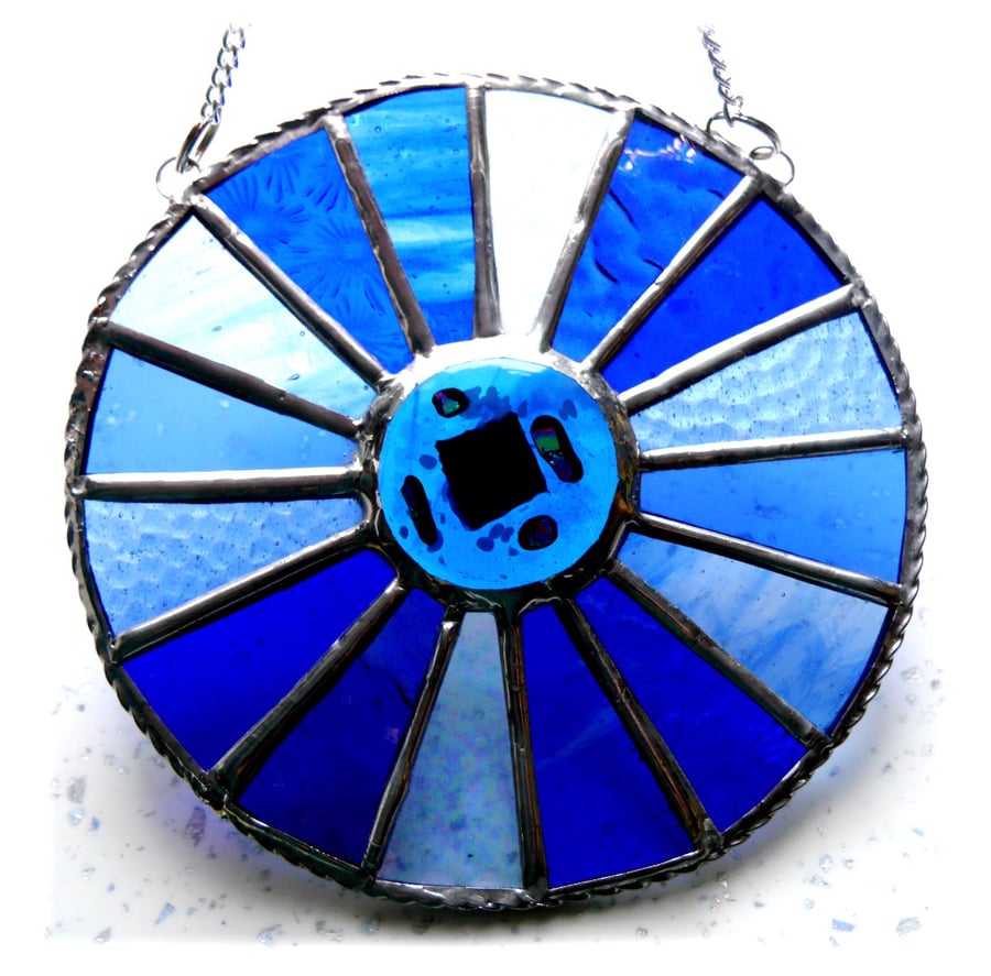 SOLD Winter Solstice Suncatcher Stained Glass Handmade Colour Wheel Blues 007