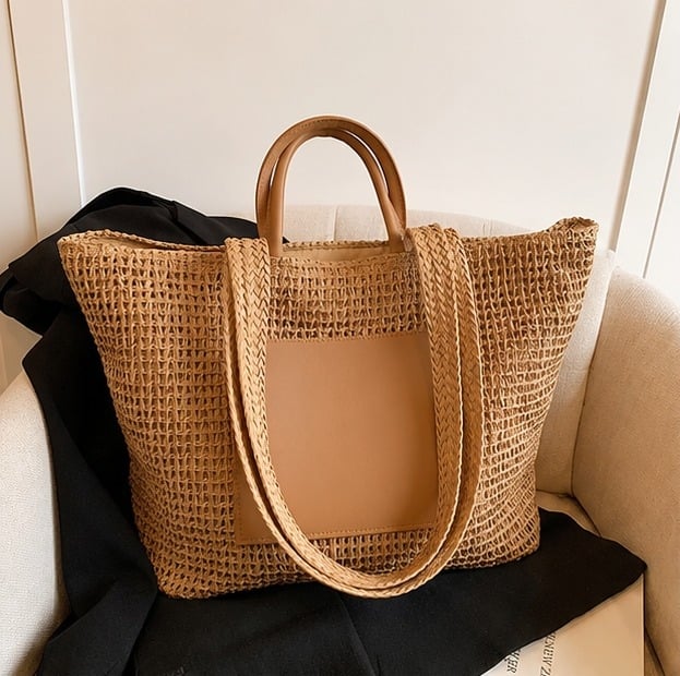 Solid color square straw Bag women zipper closure basic style shoulder Bag