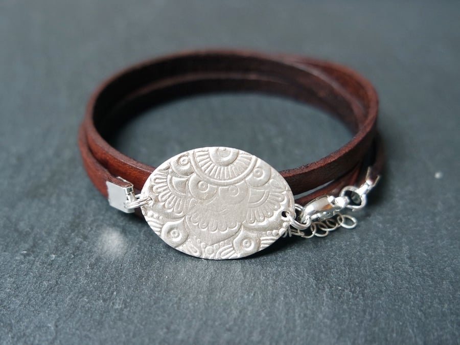 Sterling Silver Mandala Owl - Leather Wrap Bracelet