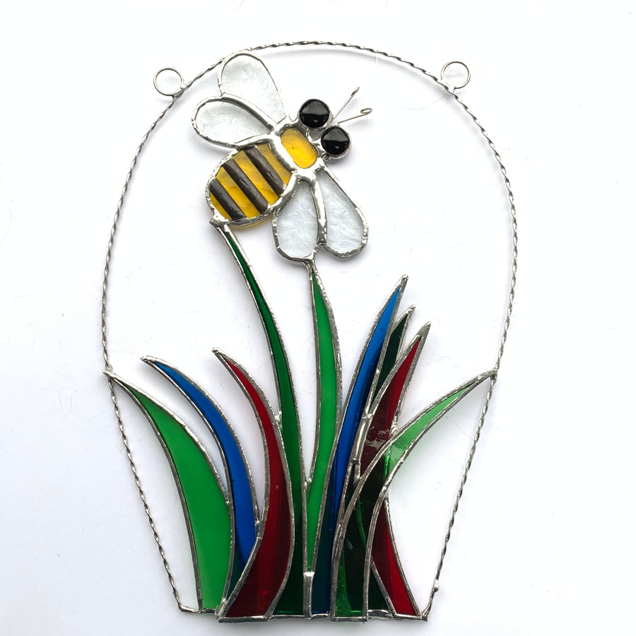 Stained Glass Bee over Grass Suncatcher - Handmade Window Decoration 