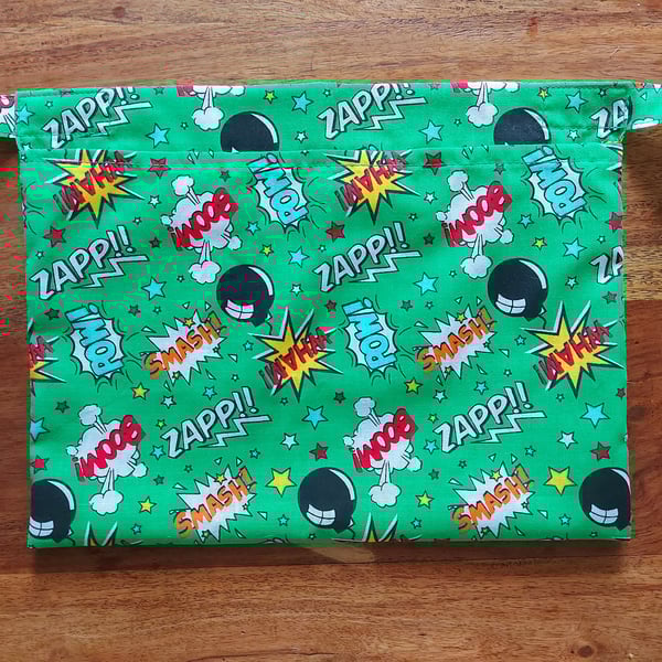 Handmade fabric peg apronpinny wearable peg bag retro comic book words green