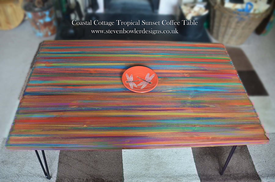 Rainbow Coffee Table Unique Hand Painted Tropical Sunset Colours 