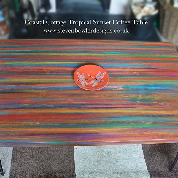 Rainbow Coffee Table Unique Hand Painted Tropical Sunset Colours 