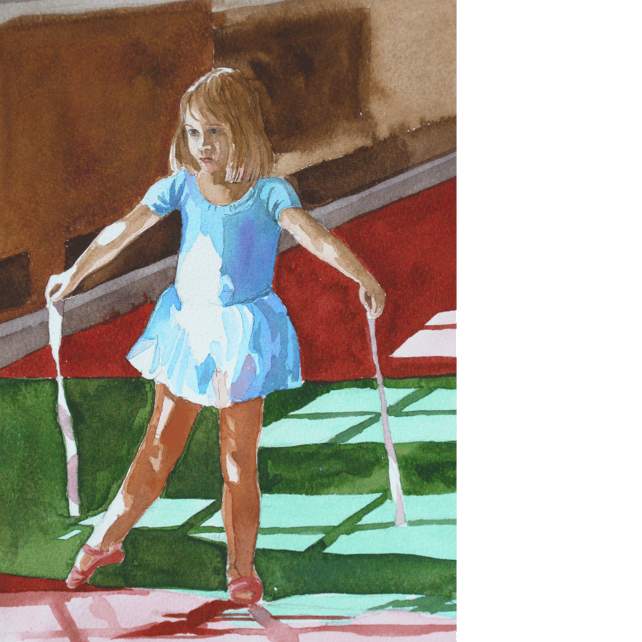 Ballet class. Original watercolour painting of young ballerina. Signed by the ar