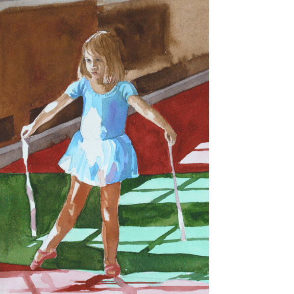 Ballet class. Original watercolour painting of young ballerina. Signed by the ar