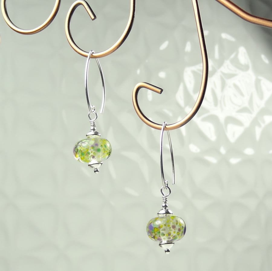 Lampwork glass drop earrings, sterling silver, multi-coloured speckled (218)