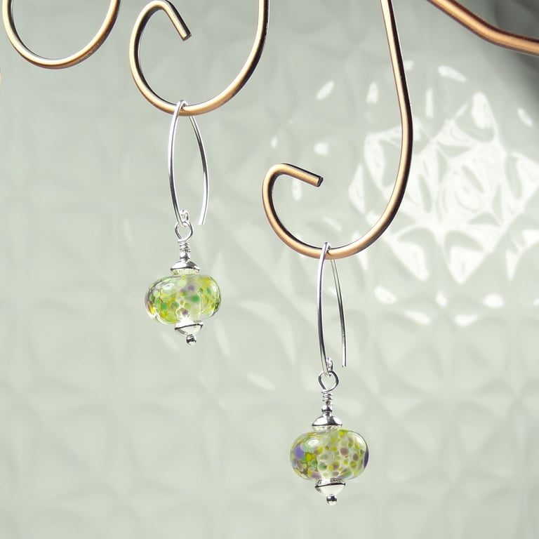 Lampwork glass drop earrings, sterling silver, multi-coloured speckled (218)