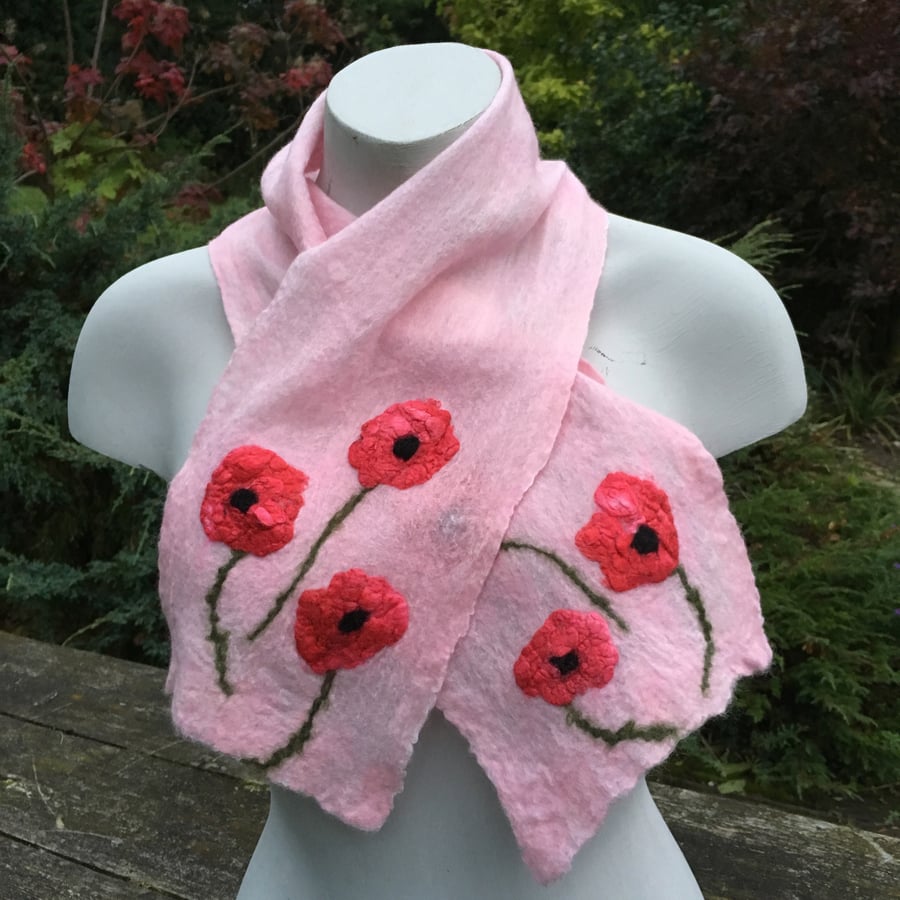 Nuno felted scarflette or neck warmer, pink with poppies