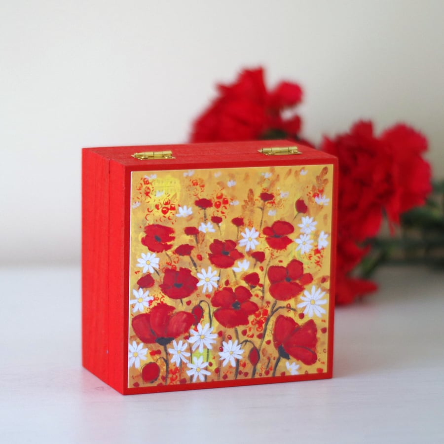 Red Poppy Jewellery Box, Floral Trinket Box with Art Print