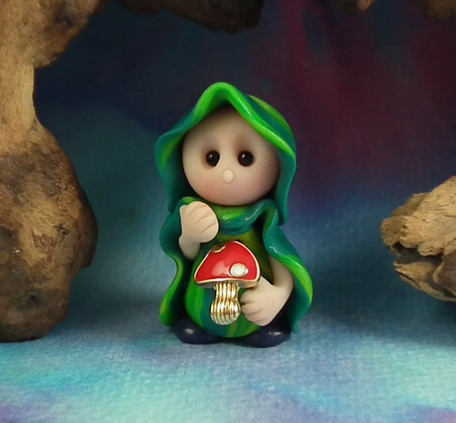 Tiny Garden Gnome 'Coleen' with toadstool 1.5" OOAK Sculpt by Ann Galvin