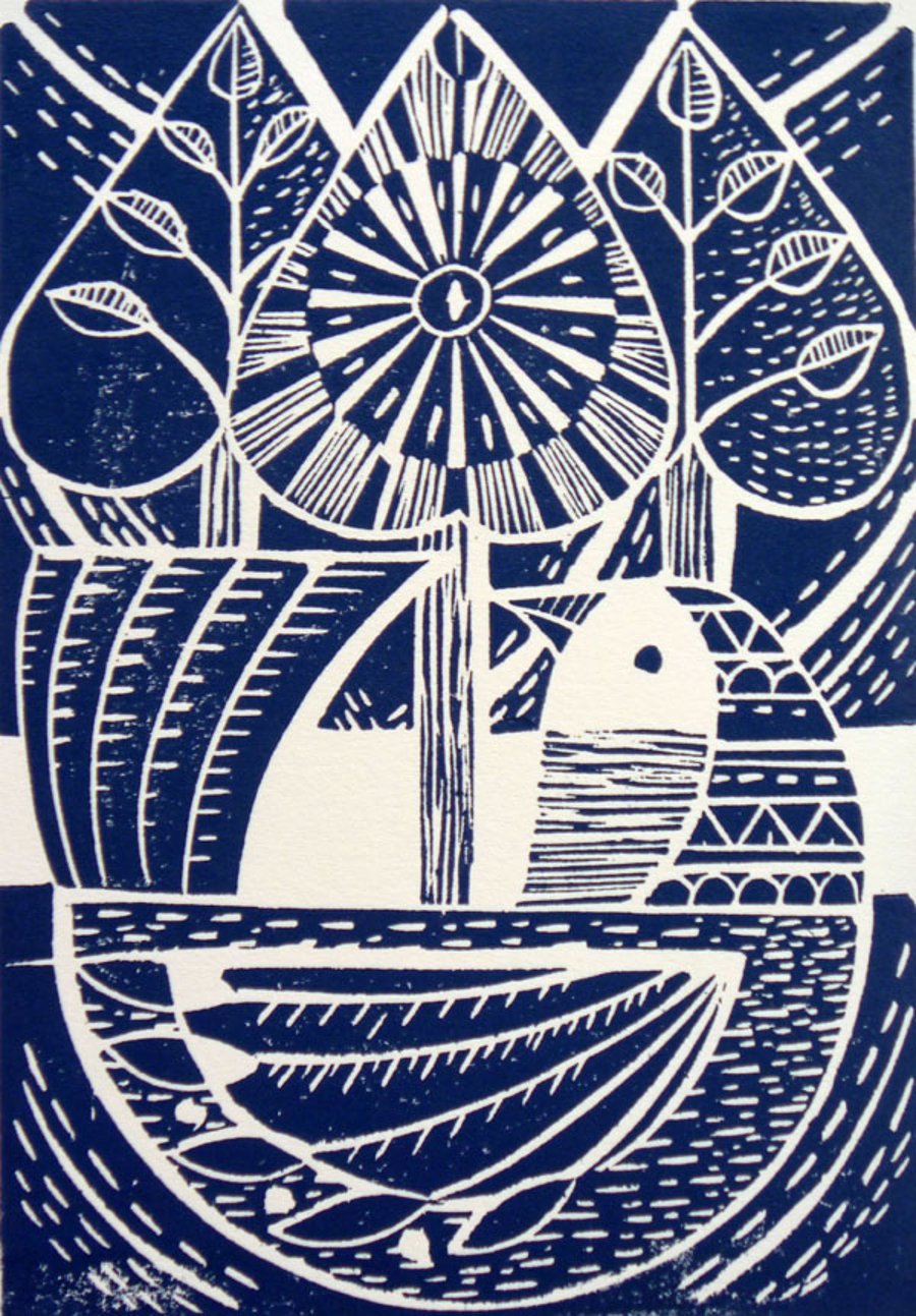Blue Folk Bird and Trees Original Lino Cut Print