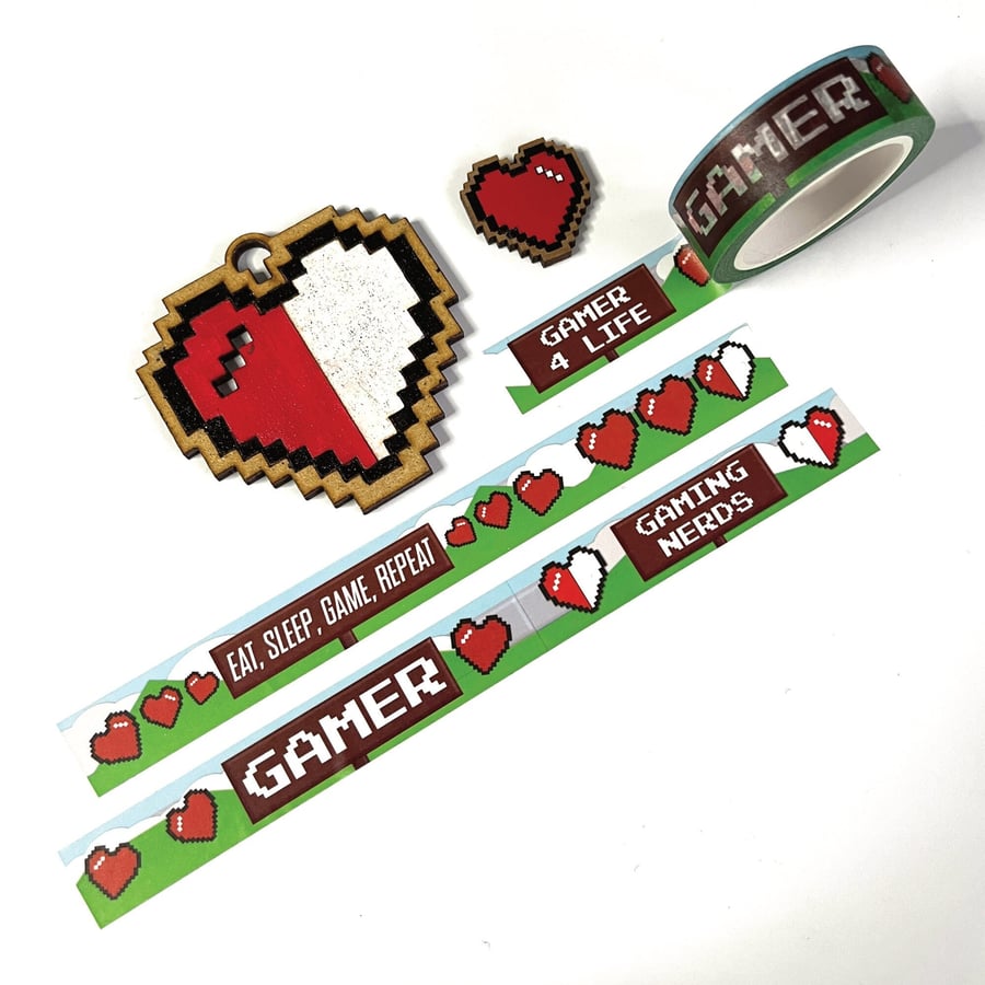 Pixel heart washi tape, 8-bit heart tape for journals and planners