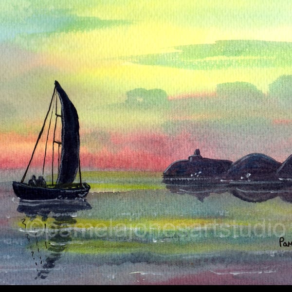 Original Watercolour, Sailing Boat, in Silhouette, Mumbles, in 14 x 11'' Mount