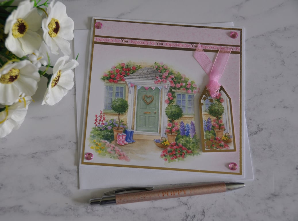 New Home Card Country Cottage Garden Front Green Door 3D Luxury Handmade Card