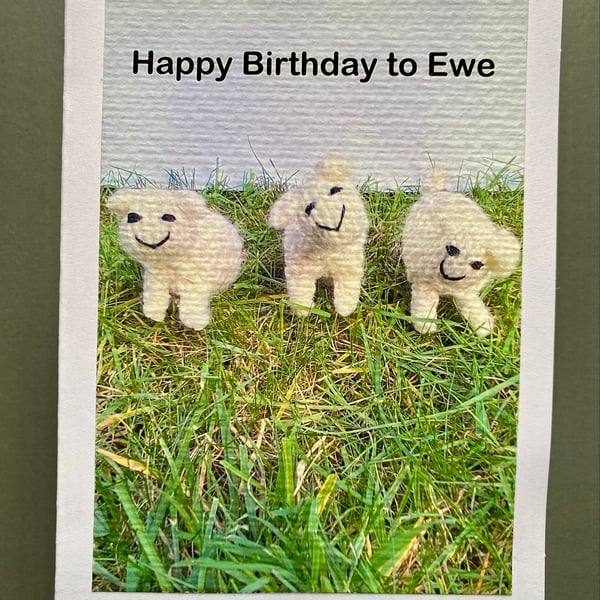 Knitted sheep print, happy birthday to ewe greeting card