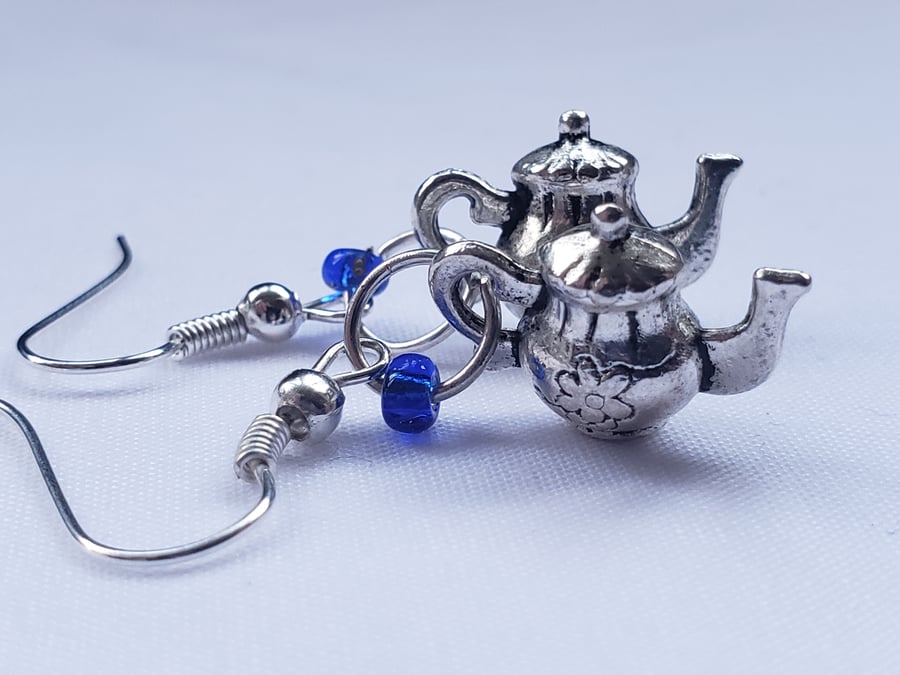 Silver teapot dangle earrings