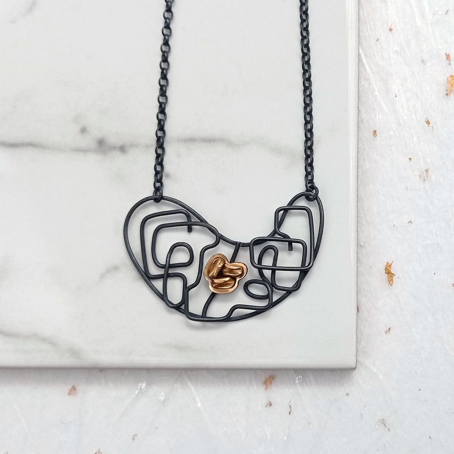14ct filled gold & oxidised sterling silver wire necklace - unique jewellery 