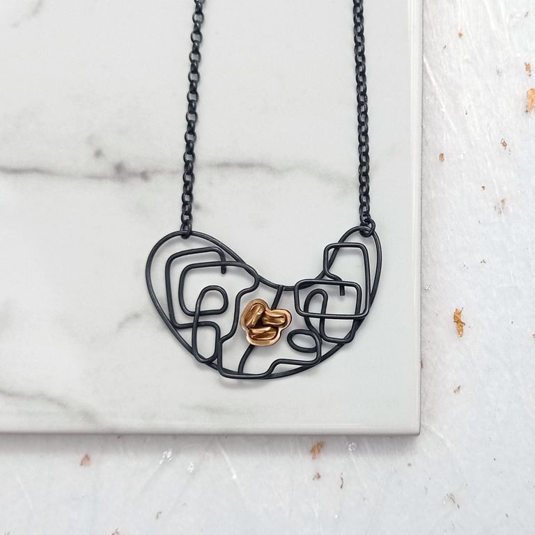 14ct filled gold & oxidised sterling silver wire necklace - unique jewellery 